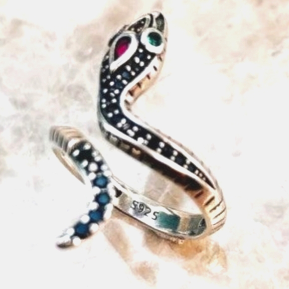 925 STERLING SILVER CRYSTAL DIAMOND RUBY & EMERALD CZ ADJUSTABLE SNAKE RING☆NEW - Picture 4 of 4